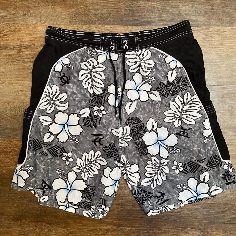 Bimini Bay Outfitters Swim Trunks Men XL Black Shorts Elastic Hawaiian‎ Floral